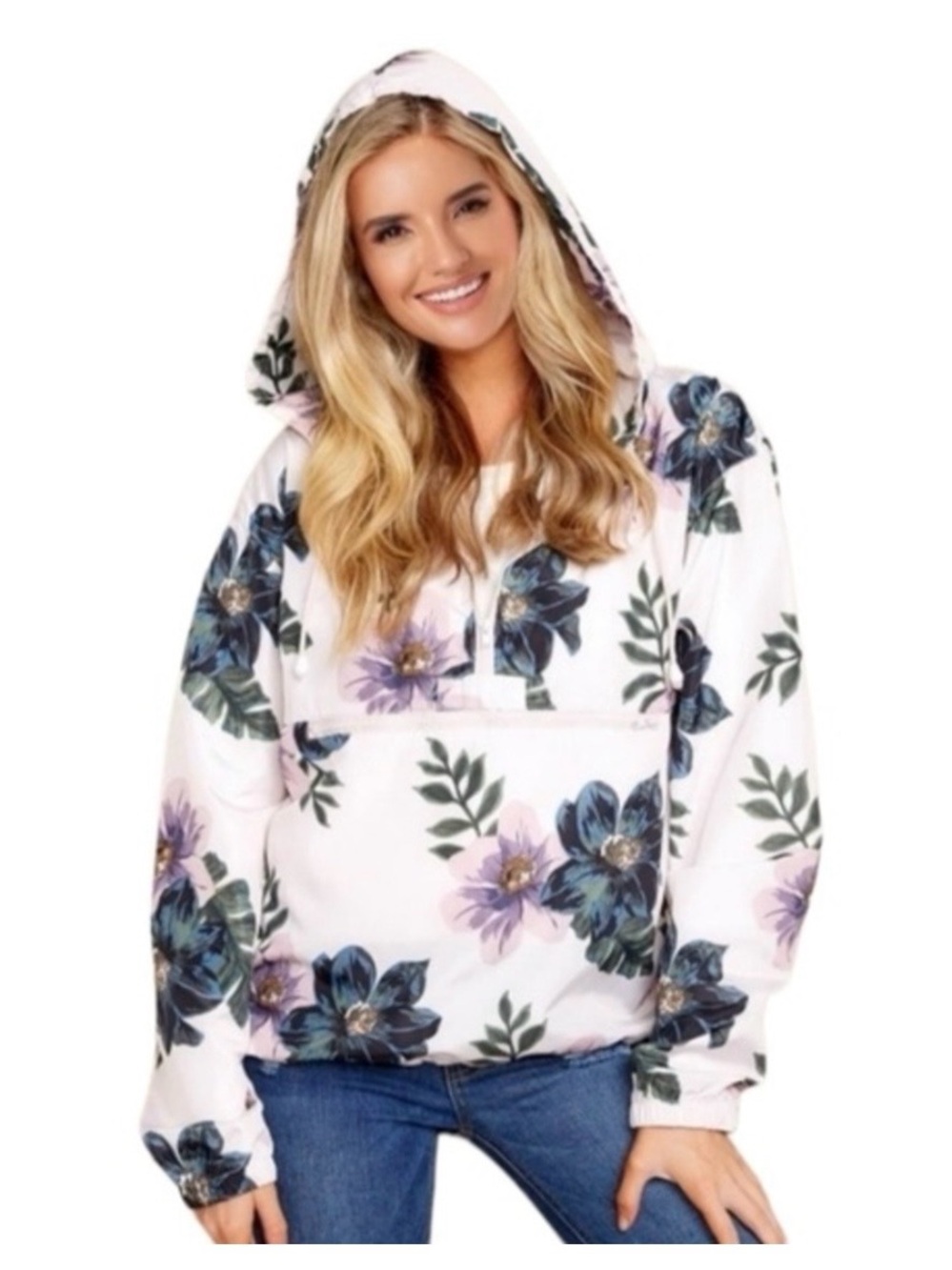 Thread & Supply White Floral Hooded Pullover Jacket